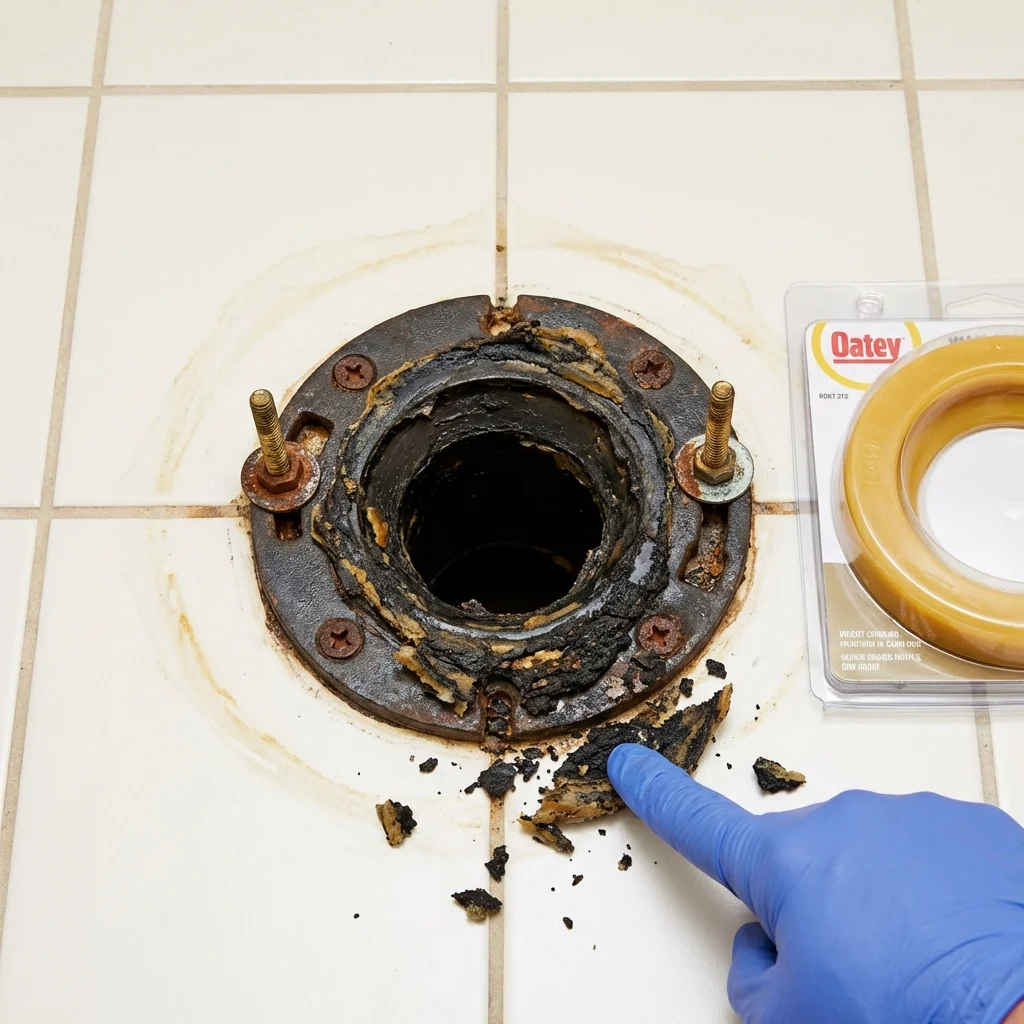 Failed wax ring showing water seepage at the base of a toilet in a Marysville, MI home