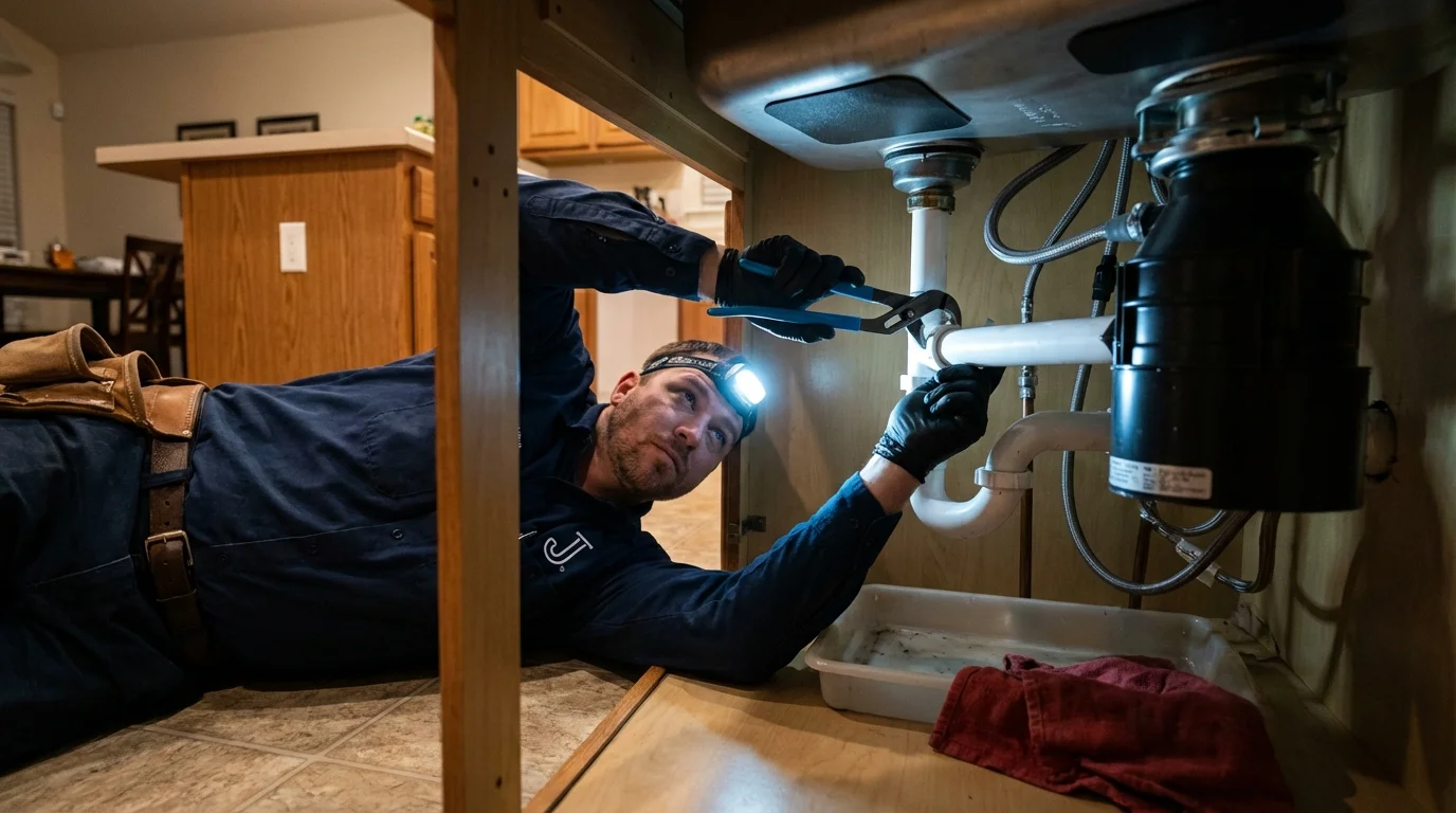 P-trap and supply line connections under a kitchen sink showing a common leak point in Marysville, MI